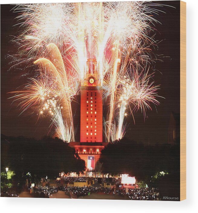 Ut Wood Print featuring the photograph UT Tower 2013 Fireworks by Andrew Nourse