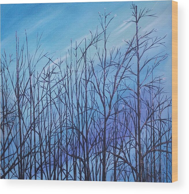 Landscape Wood Print featuring the painting Winter trees against a blue sky by Ellen Canfield