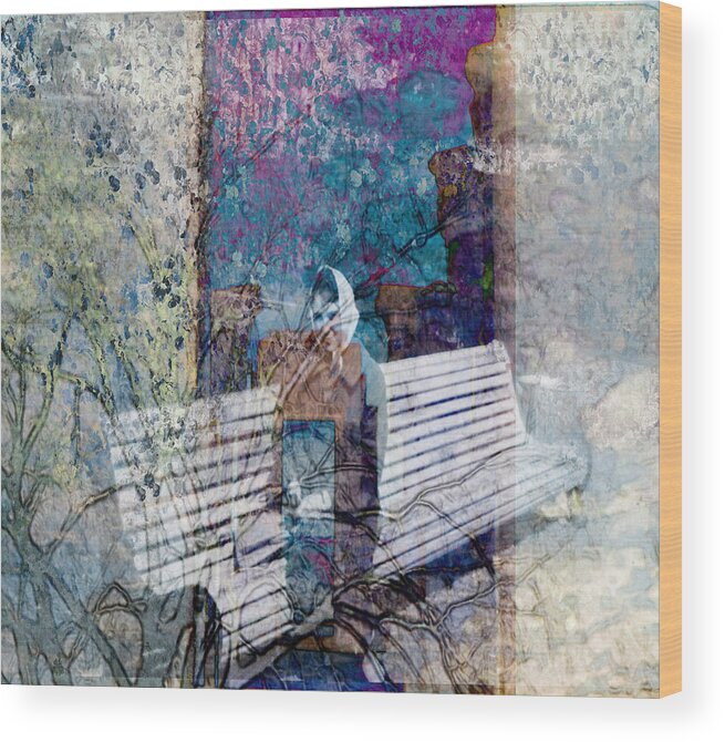Digital Art Wood Print featuring the digital art Woman on a bench by Cathy Anderson
