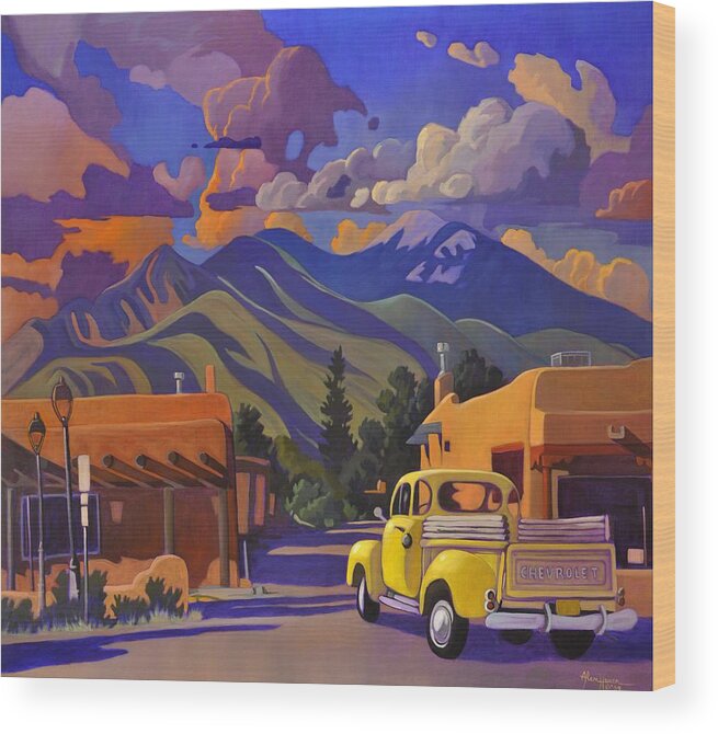 Taos Wood Print featuring the painting A Yellow Truck in Taos by Art West