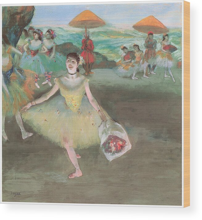 Dancer With A Bouquet Bowing Wood Print featuring the pastel Dancer with a Bouquet Bowing by Edgar Degas