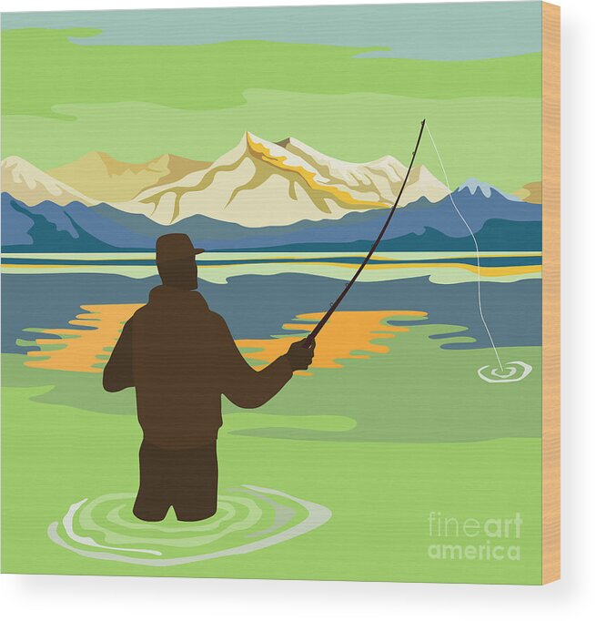Fisherman Wood Print featuring the digital art Fly Fisherman Rod and Reel Retro by Aloysius Patrimonio