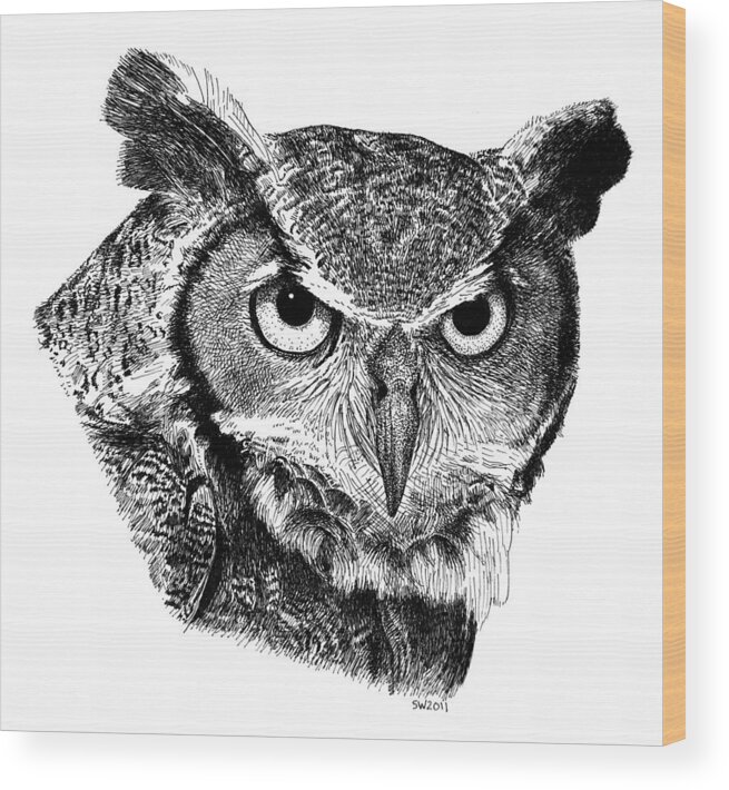 Owl Wood Print featuring the drawing Great Horned Owl by Scott Woyak