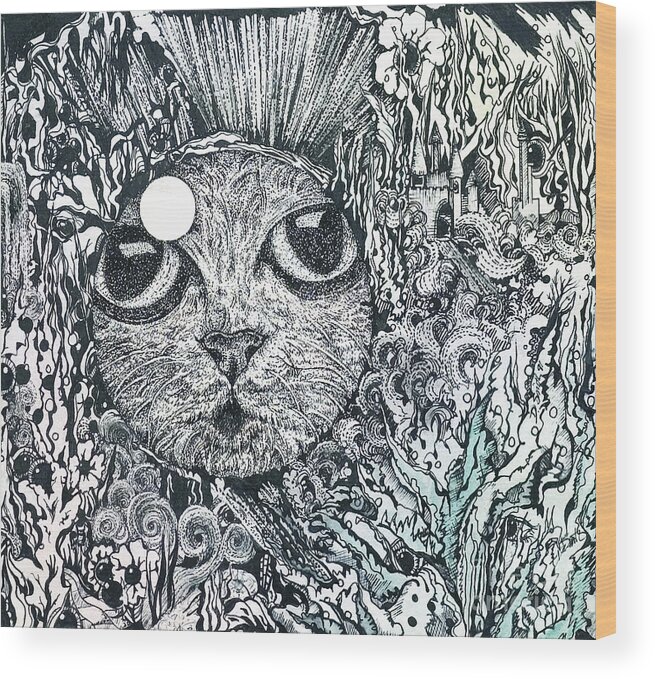 Cat Wood Print featuring the painting Cat in a Fish Bowl by Danielle Scott