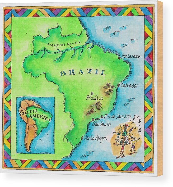 Horizontal Wood Print featuring the digital art Map Of Brazil by Jennifer Thermes