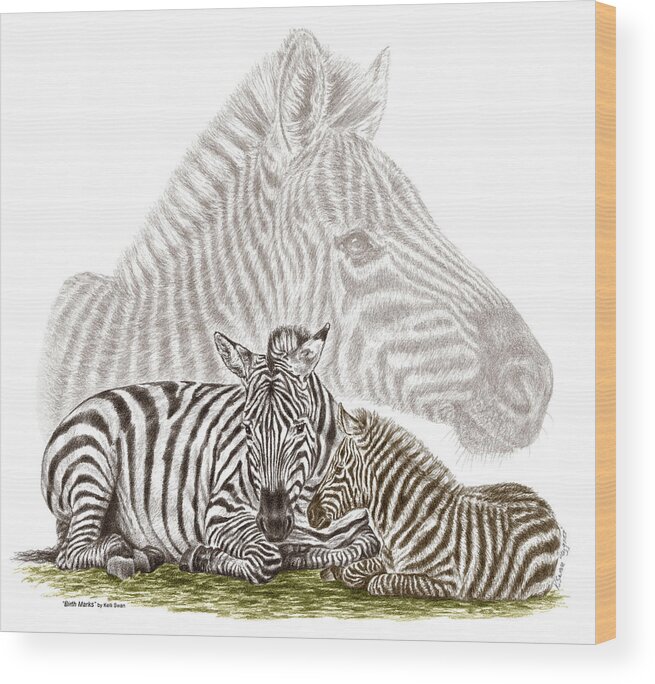 Zebra Wood Print featuring the drawing Mom and Baby Zebra Art by Kelli Swan
