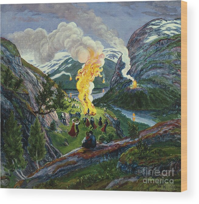 Landscape Wood Print featuring the painting Midsummer fire #3 by Nikolai Astrup