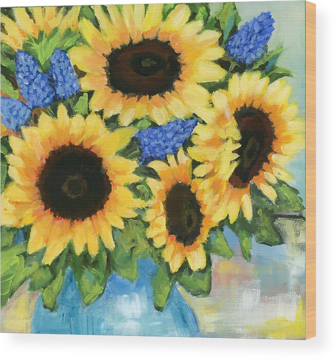 Sunflowers Wood Print featuring the painting A Sunny Arrangement by Debbie Brown