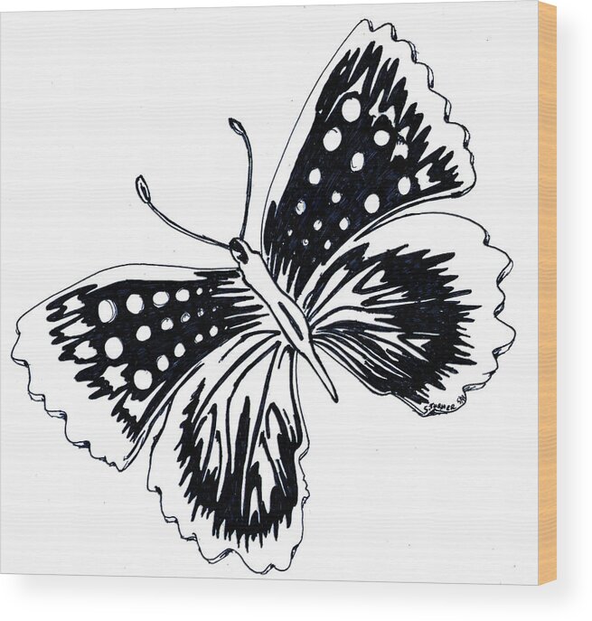 Black And White Wood Print featuring the drawing Butterfly by Susan Turner Soulis