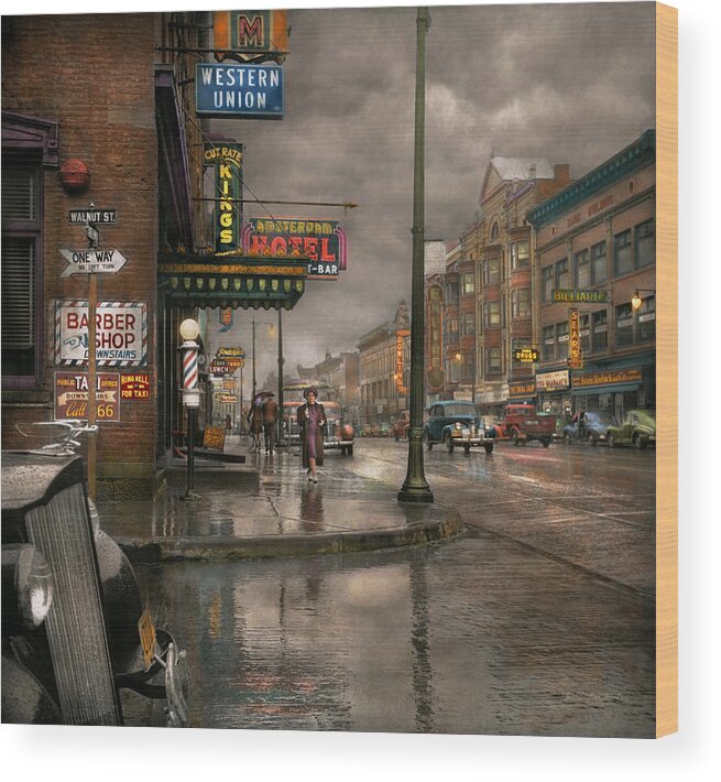 Colorized Wood Print featuring the photograph City - Amsterdam NY - Call 666 for Taxi 1941 by Mike Savad