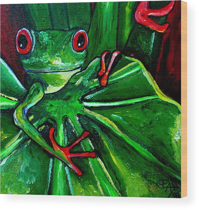 Tree Frog Wood Print featuring the painting Curious Tree Frog by Patti Schermerhorn