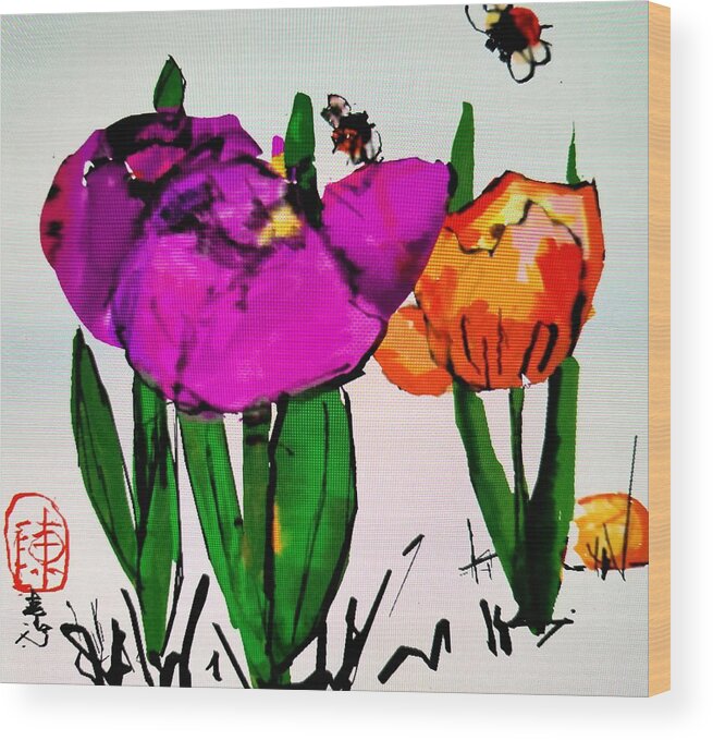 Flowers. Tulip. Bees. Colorful Wood Print featuring the digital art Easter flowers by Debbi Saccomanno Chan