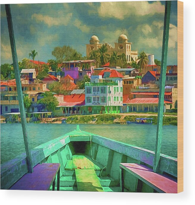 Flores Wood Print featuring the photograph Flores, Guatemala, from a Boat on Lake Peten Itza by Mitch Spence
