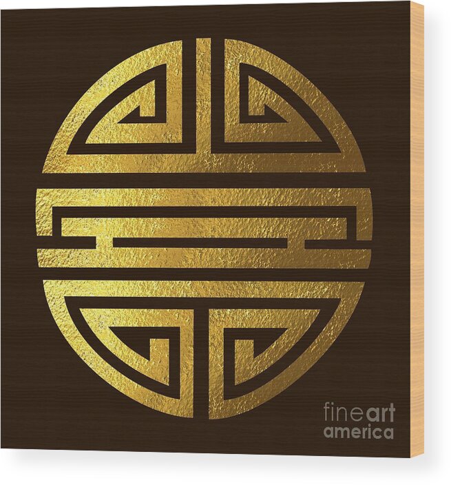 Chinese Wood Print featuring the digital art Four blessings symbol gold by Heidi De Leeuw