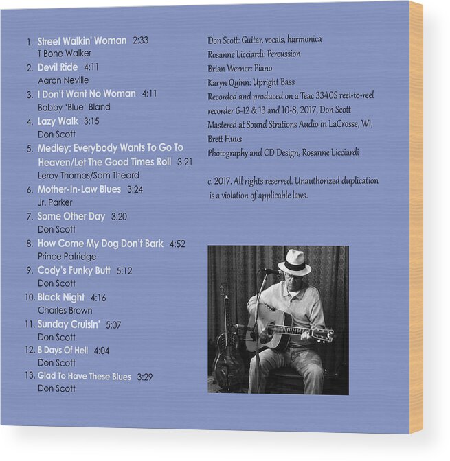 Credits Wood Print featuring the photograph Blues and Trouble back cover by Rosanne Licciardi