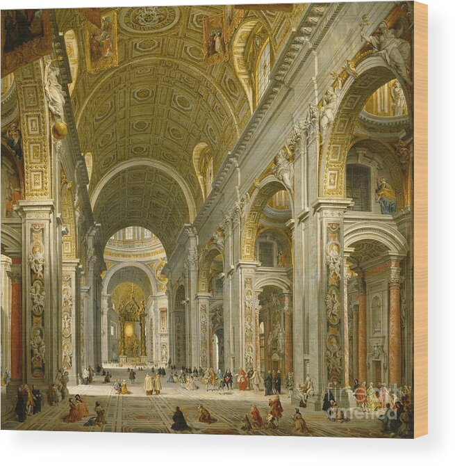 Interior Wood Print featuring the painting Interior of St. Peter's - Rome by Giovanni Paolo Panini
