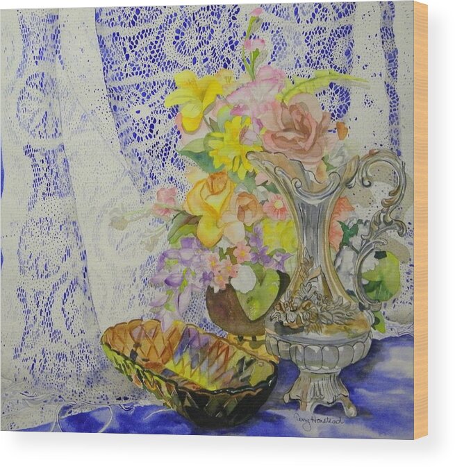 Still Life Wood Print featuring the painting Lace and Flowers by Terry Honstead