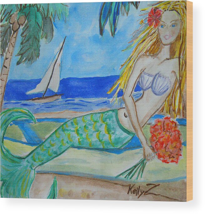 Mermaid Wood Print featuring the painting Mermaid Daydreaming by Kelly Smith