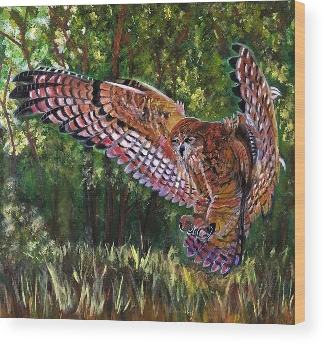 Owl Wood Print featuring the painting Mighty Owl by Julie Wittwer