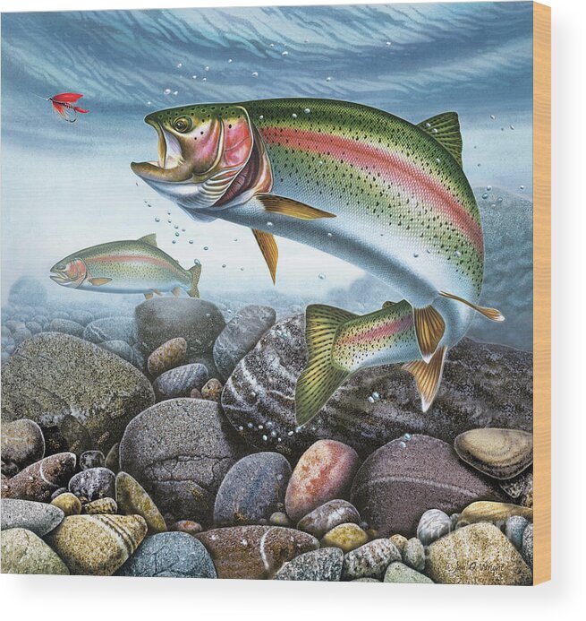 Rainbow Trout Wood Print featuring the painting Perfect Drift Rainbow Trout by JQ Licensing