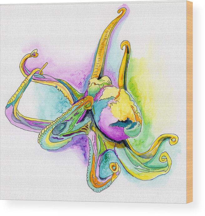 Purple Wood Print featuring the painting Purple Blue Yellow Sea Watercolor Series 2 Octopus by Shelly Tschupp