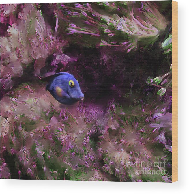 Fish Wood Print featuring the digital art Purple Fish in Pink Grass by Lisa Redfern