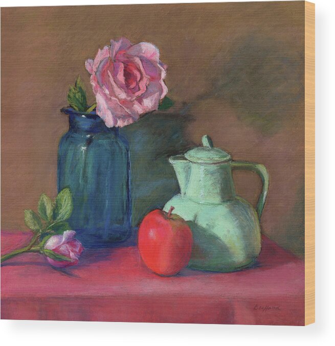 Rose Wood Print featuring the painting Rose in Blue Jar by Vikki Bouffard