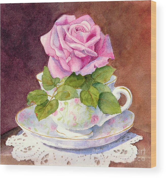 Rose Wood Print featuring the painting Rose Tea by Bonnie Rinier