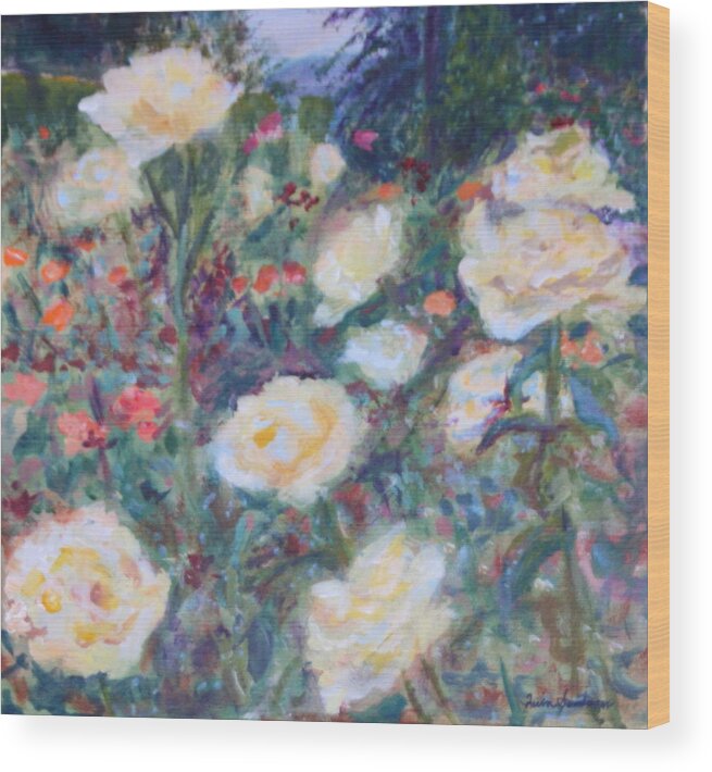 Quin Sweetman Wood Print featuring the painting Sunny Day at the Rose Garden by Quin Sweetman