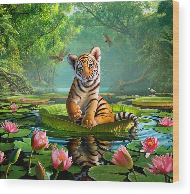 Most Popular Best Seller Tiger Dragonfly Turtle Frog Catfish Egret Duck Python Snake Swamp Marsh Water Reflection Lily Pads Flowers Trees Tropical Humid Misty India Asia Cute Adorable Sweet Playful Nibble Exotic Pond Ripples Morning Adventure Funny Humorous Colorful Nature Wildlife Tiger Cub Beautiful Stripes Wood Print featuring the digital art Tiger Lily 1 by Jerry LoFaro