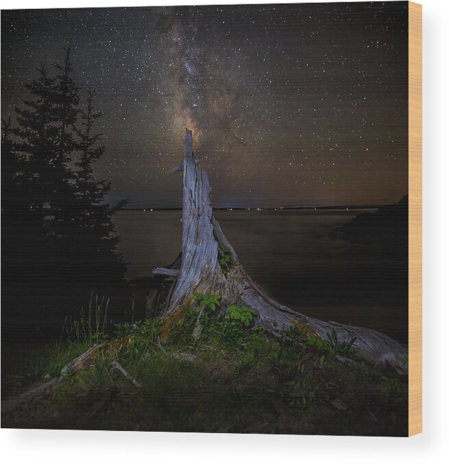 Night Wood Print featuring the photograph Weathered Stump under the stars by Brent L Ander