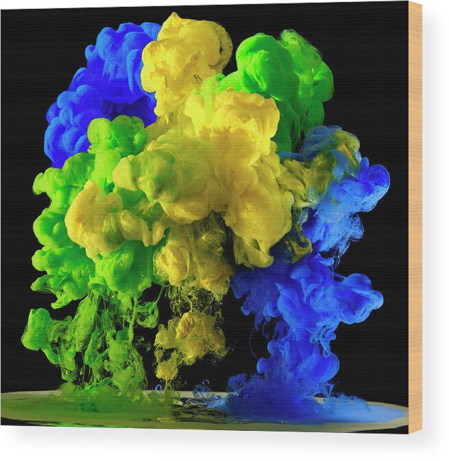 Art Wood Print featuring the photograph Brazil Flag Colours In Paint, Ink, Water #1 by Mark Mawson