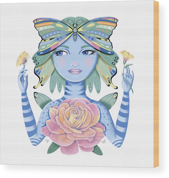 Fantasy Wood Print featuring the digital art Insect Girl, Winga, with Rose by Valerie White