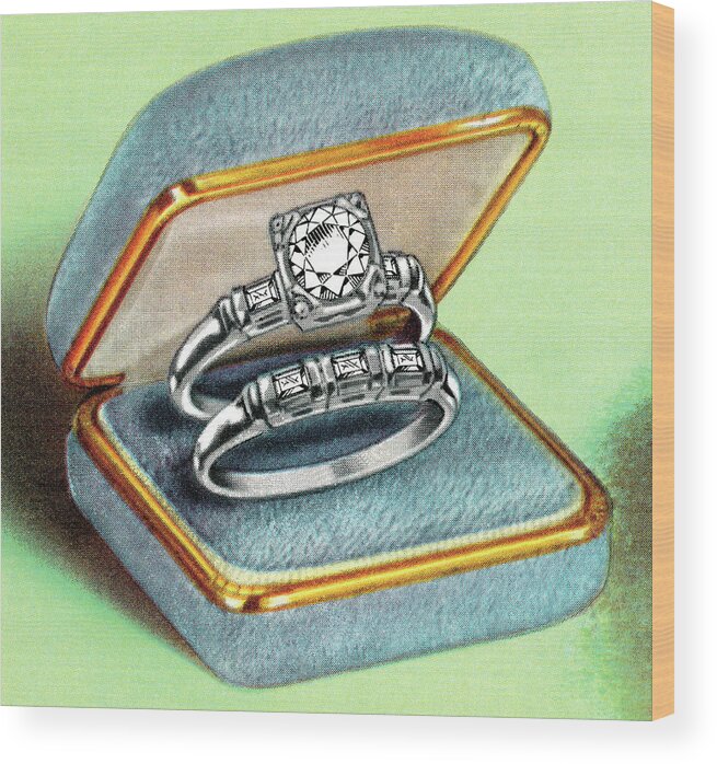 Accessories Wood Print featuring the drawing Engagement ring in box #2 by CSA Images