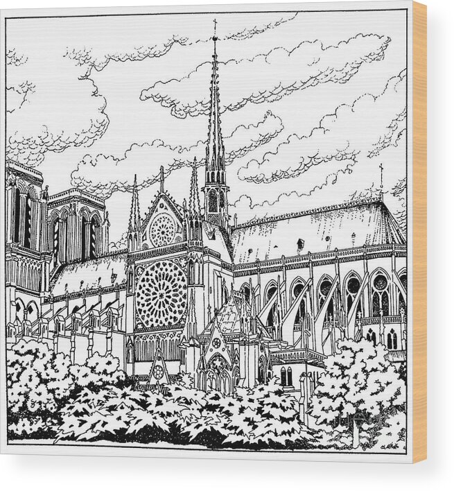 Cathedral Wood Print featuring the drawing Notre Dame de Paris- Our Lady of Paris by William Hart McNichols