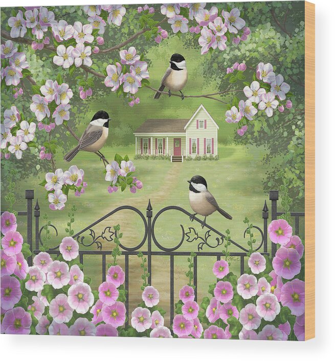 Birds Wood Print featuring the painting Chickadee Birds Apple Blossoms Pink Hollyhock Flowers Victorian Farmhouse Garden by Crista Forest