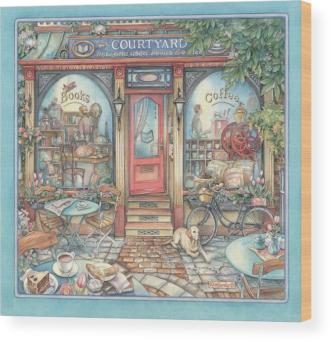 Courtyard Books & Coffee Wood Print featuring the painting Courtyard Books & Coffee by Kim Jacobs