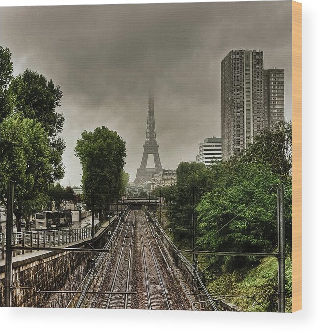 Railroad Track Wood Print featuring the photograph Eiffel Tower In Clouds by Stéphanie Benjamin