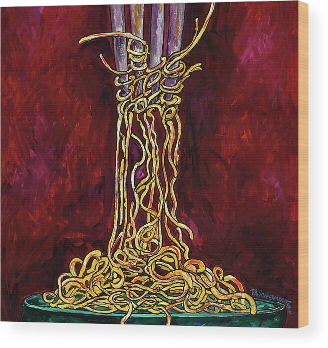Pasta Wood Print featuring the painting Fork to mouth by Patti Schermerhorn
