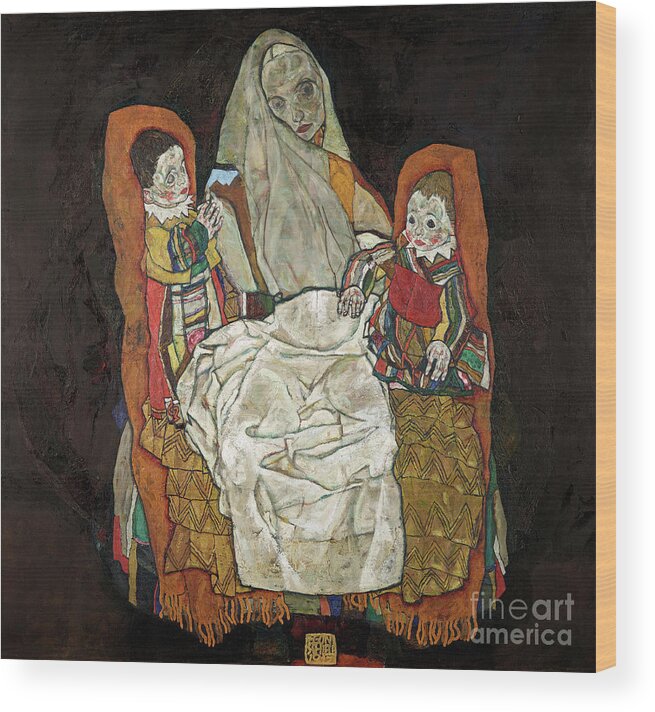 Oil Painting Wood Print featuring the drawing Mother With Two Children IIi by Heritage Images