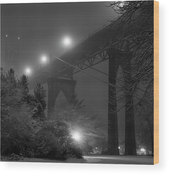 Tranquility Wood Print featuring the photograph St. Johns Bridge On Snowy Evening by Zeb Andrews