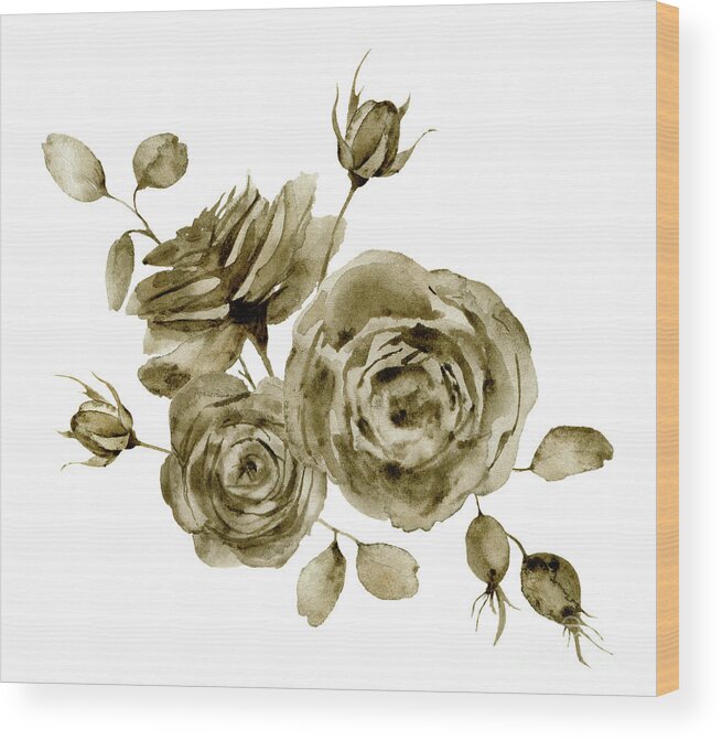 Art Wood Print featuring the digital art Watercolor Monochrome Rose Bouquet by Yuliya Derbisheva