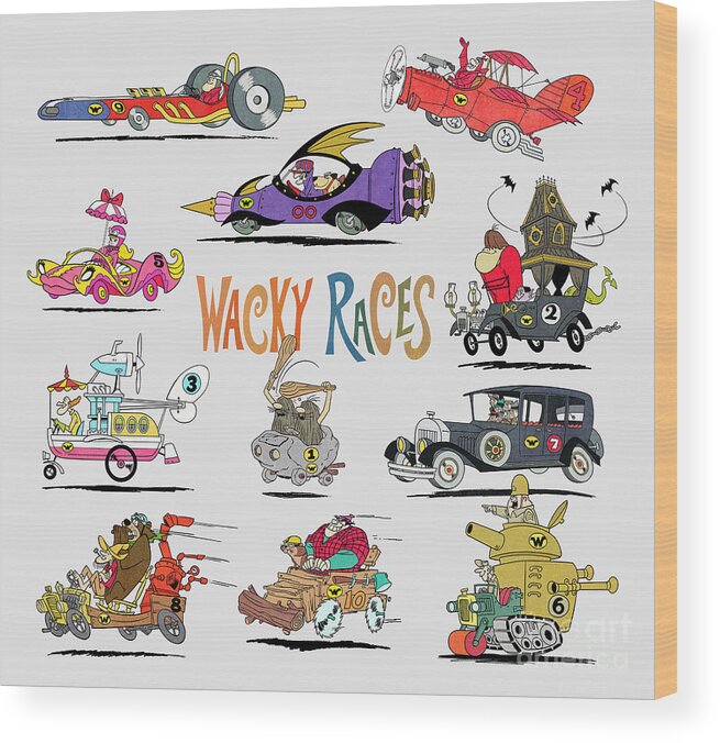 Cartoon Lover Wood Print featuring the digital art 60s Wacky Races Group with Logo by Glen Evans