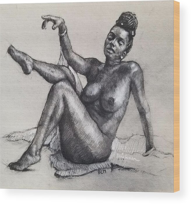 Pencil Sketch Charcoal Croquis Nude Blm Black Lives Matter Naked Female Figure Wood Print featuring the drawing Alice in Wonderland by Jeff Dickson