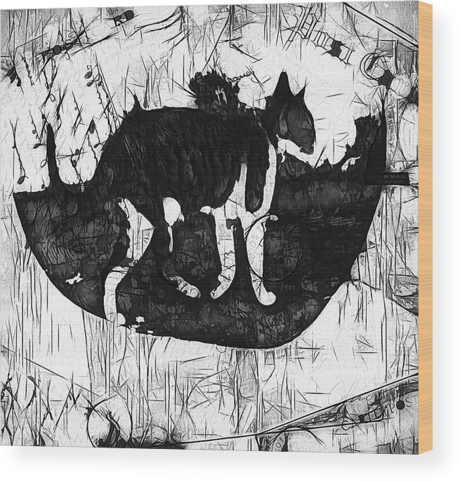 Cat Travels In Black And White Wood Print featuring the mixed media Cat Travels in Black and White by Kandy Hurley