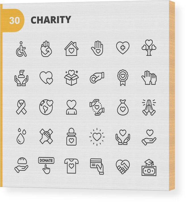 Charity Benefit Wood Print featuring the drawing Charity and Donation Line Icons. Editable Stroke. Pixel Perfect. For Mobile and Web. Contains such icons as Charity, Donation, Giving, Food Donation, Teamwork, Relief. by Rambo182