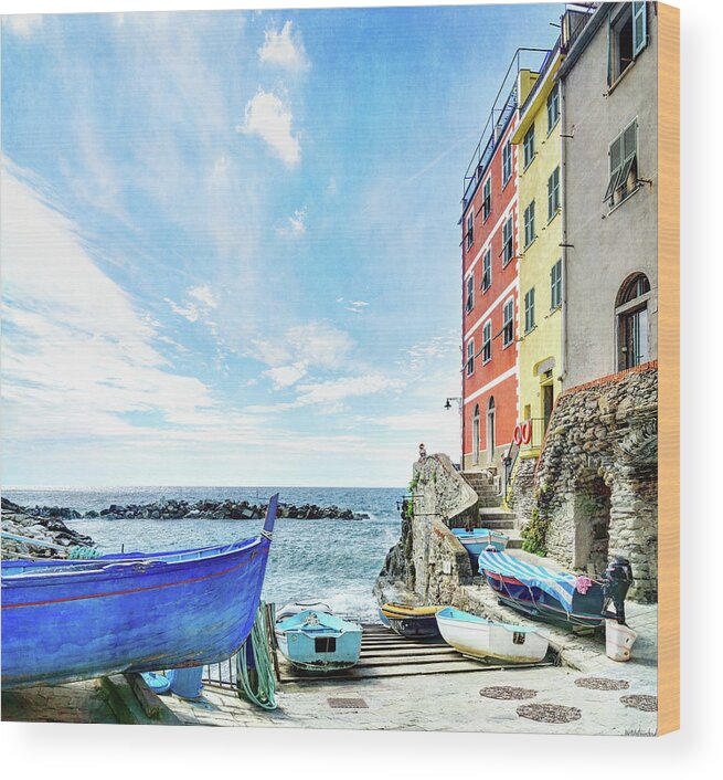 Riomaggiore Wood Print featuring the photograph Cinque Terre - little port of Riomaggiore - vintage version by Weston Westmoreland
