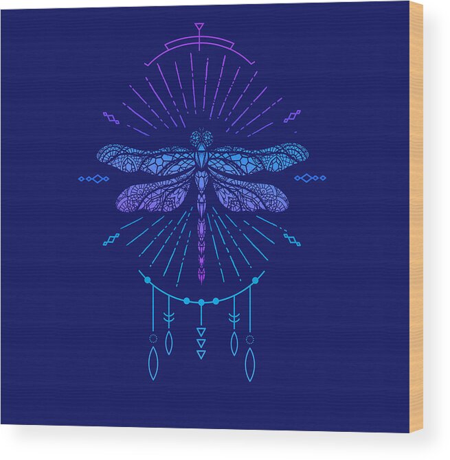 Dragonfly Wood Print featuring the digital art Geometric Blue Boho Dragonfly by Laura Ostrowski