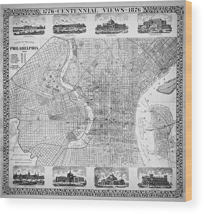 Philadelphia Wood Print featuring the photograph Historic Map of Philadelphia Pennsylvania 1876 Black and White by Carol Japp