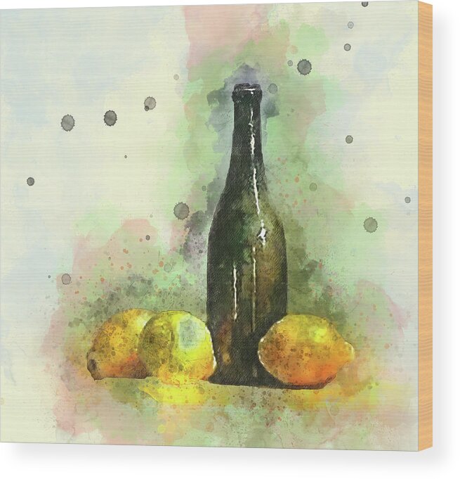 Lemons And Bottle Wood Print featuring the mixed media Lemons and Bottle by Pheasant Run Gallery